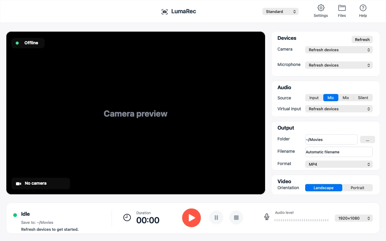 Actual application interface before camera preview. This records a camera, not the screen.